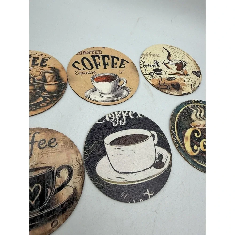 Set Of 8 Wooden Painted Coffee Themed Coasters NEW Natural Wood